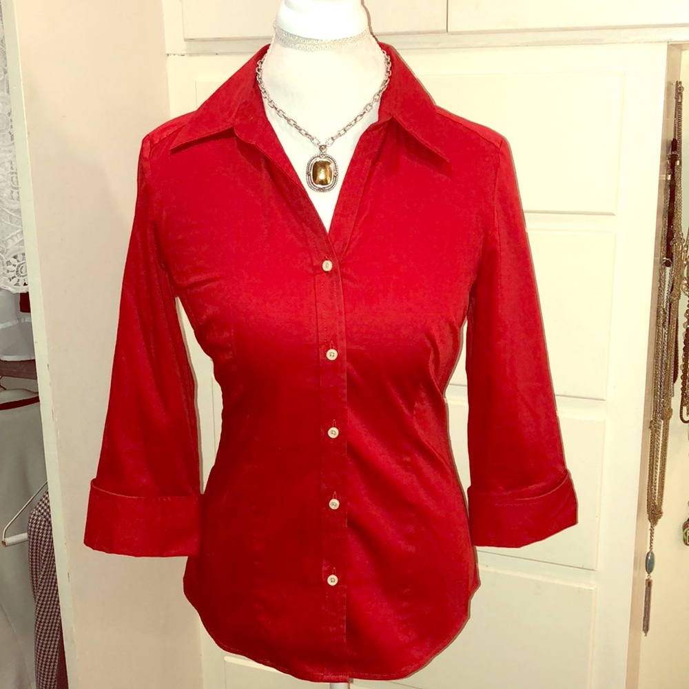 Talbots red 3/4 sleeve stretch button down shirt